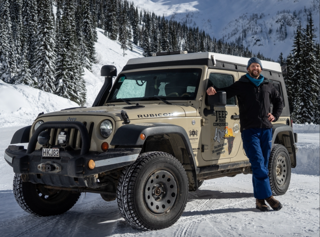 Dan Grec and the Wrangler he used to travel across the African continent